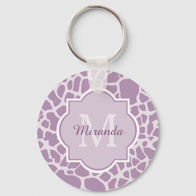 Chic Lila Giraffenausdruck mit Monogramm und Name Schlüsselanhänger (Vorderseite)