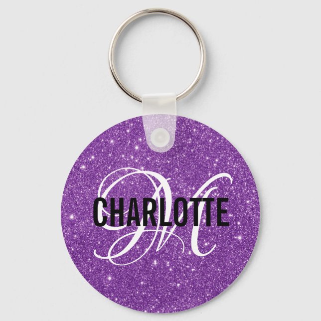 Chic lila Glitzer Monogramm Name Schlüsselanhänger (Vorderseite)