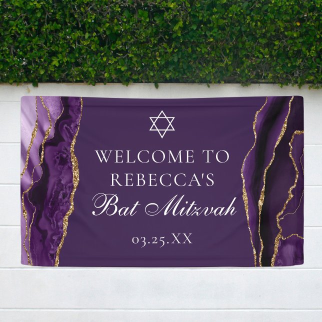 Chic Lila Gold Agate Bat Mitzvah Party Banner (Von Creator hochgeladen)