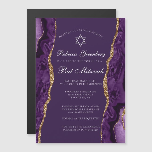 Chic Lila Gold Agate Bat Mitzvah Party Magneteinladung (Vorne/Hinten)