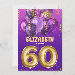 Chic Lila Gold Balloons 60. Geburtstag Einladung
