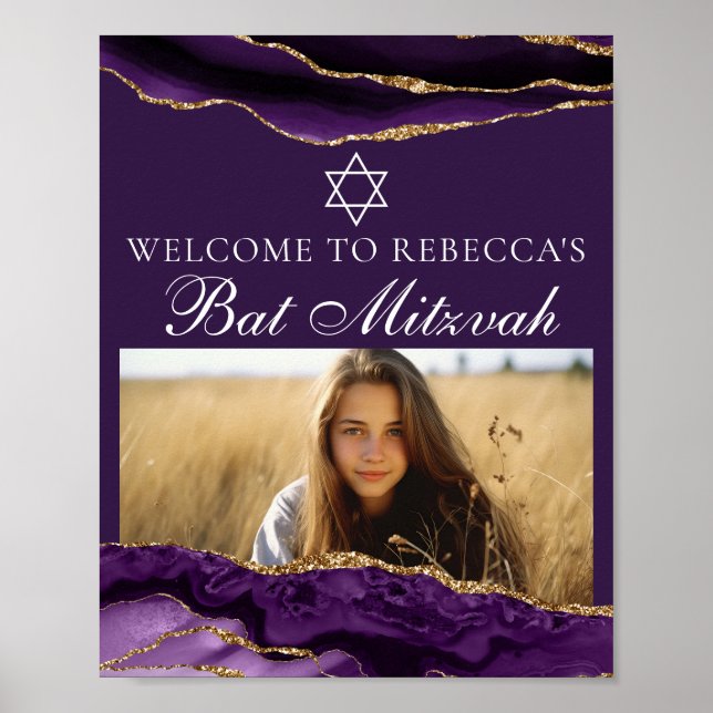 Chic Lila Gold Bat Mitzvah Foto Party Willkommen Poster (Vorne)
