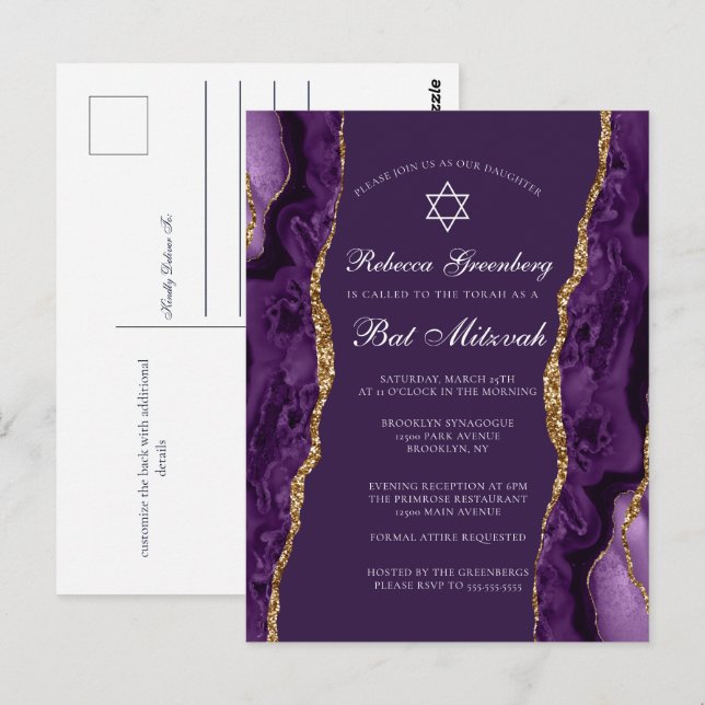 Chic Lila Gold Bat Mitzvah Party Einladung Postkarte (Vorne/Hinten)