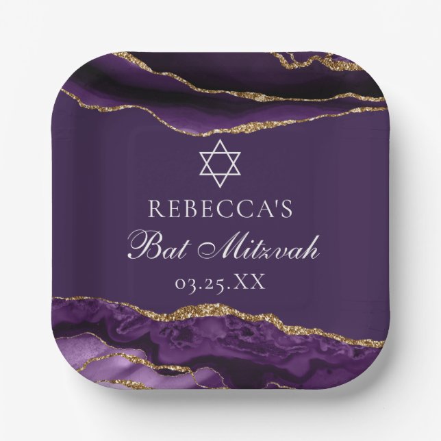 Chic Lila Gold Bat Mitzvah Party Personalisiert Pappteller (Vorderseite)