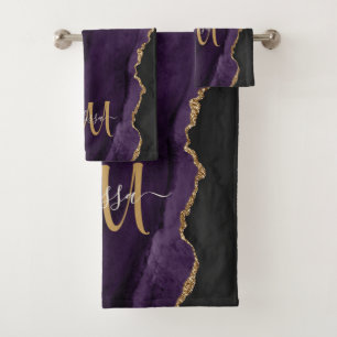 Chic Lila Gold Glitzer Agate Custom Monogram Badhandtuch Set