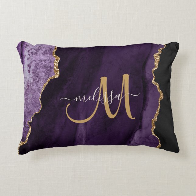 Chic Lila Gold Glitzer Agate Custom Monogram Dekokissen (Vorderseite)