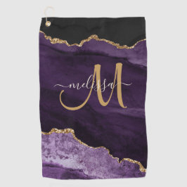 Chic Lila Gold Glitzer Agate Custom Monogram Golfhandtuch