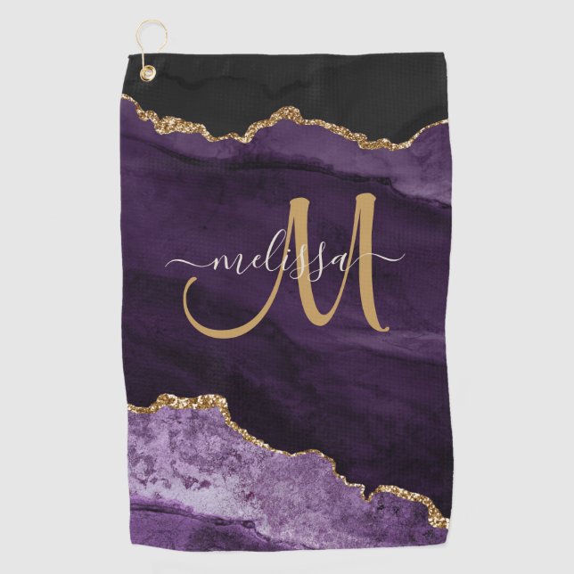 Chic Lila Gold Glitzer Agate Custom Monogram Golfhandtuch (Vorderseite)