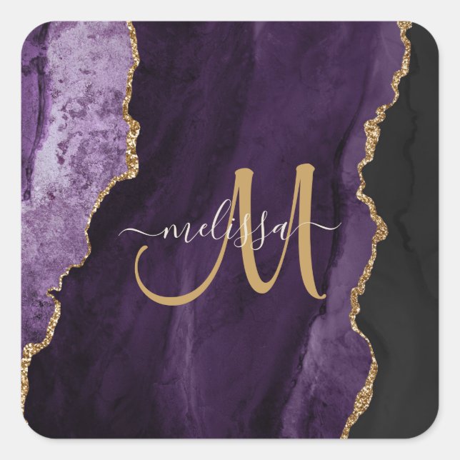 Chic Lila Gold Glitzer Agate Custom Monogram Quadratischer Aufkleber (Vorderseite)