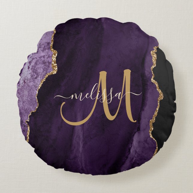 Chic Lila Gold Glitzer Agate Custom Monogram Rundes Kissen (Vorderseite)