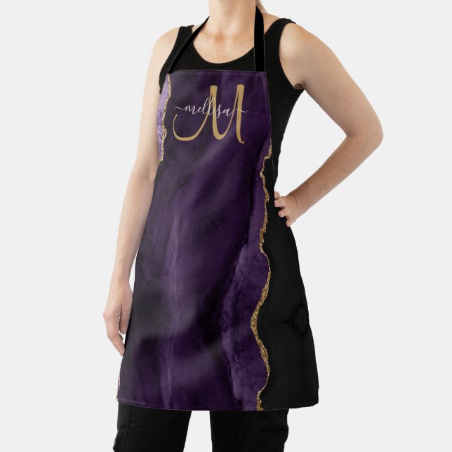 Chic Lila Gold Glitzer Agate Custom Monogram Schürze (InSitu)