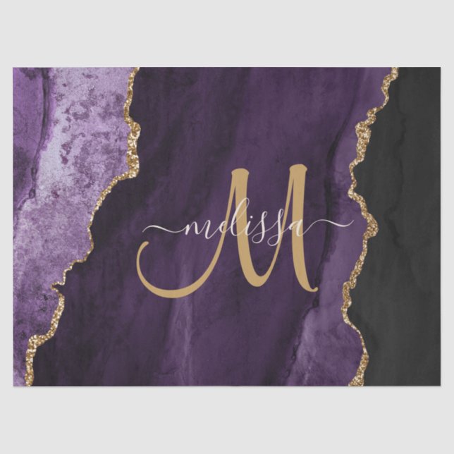 Chic Lila Gold Glitzer Agate Custom Monogram Seidenpapier (Vorderseite)