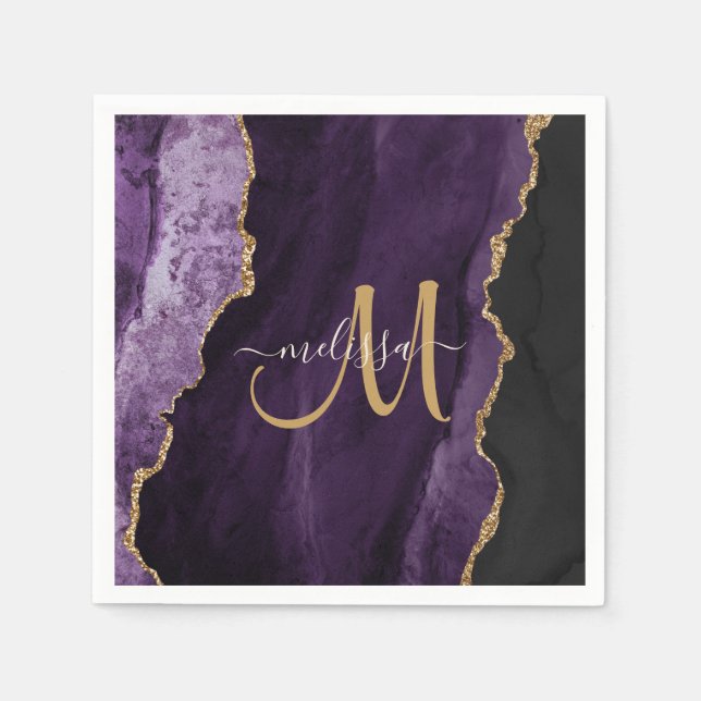 Chic Lila Gold Glitzer Agate Custom Monogram Serviette (Vorderseite)