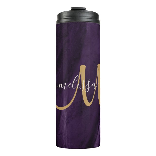 Chic Lila Gold Glitzer Agate Custom Monogram Thermosbecher (Vorderseite)