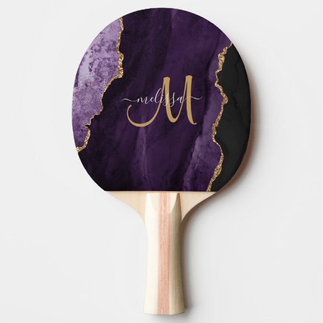 Chic Lila Gold Glitzer Agate Custom Monogram Tischtennis Schläger (Vorderseite)