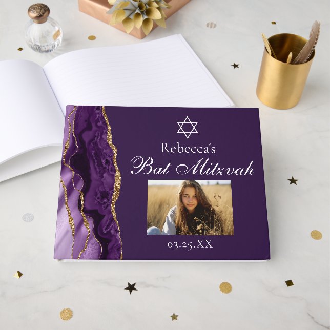 Chic Lila Gold Mitzvah Party Foto Custom Gästebuch (Vorderseite Offen)