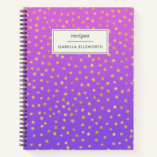 Chic Lila Gold Polka Dot Personalisiertes Rezept  Notizbuch (Vorderseite)