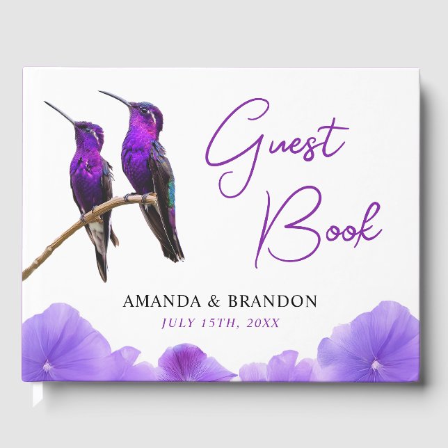 Chic Lila Hummingbirds and Petals Wedding Gästebuch (Vorderseite)