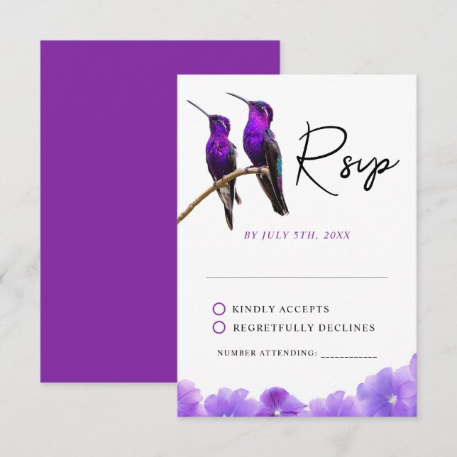 Chic Lila Hummingbirds and Petals Wedding RSVP Karte (Vorne/Hinten)
