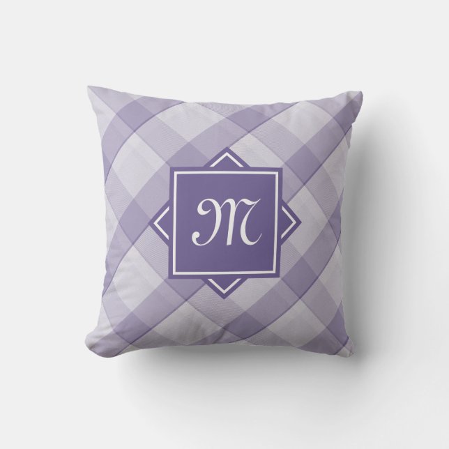 Chic Lila Kariert mit moderner Diagonal-Monogramm Kissen (Vorderseite)
