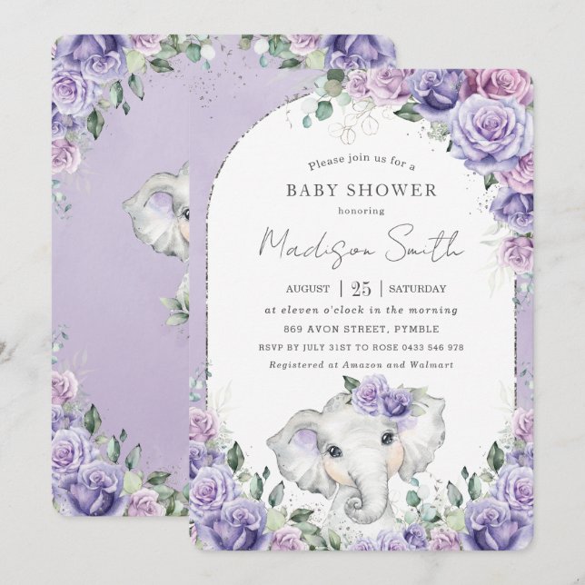 Chic Lila Lilac Floral Elephant Baby Dusche Einladung (Vorne/Hinten)