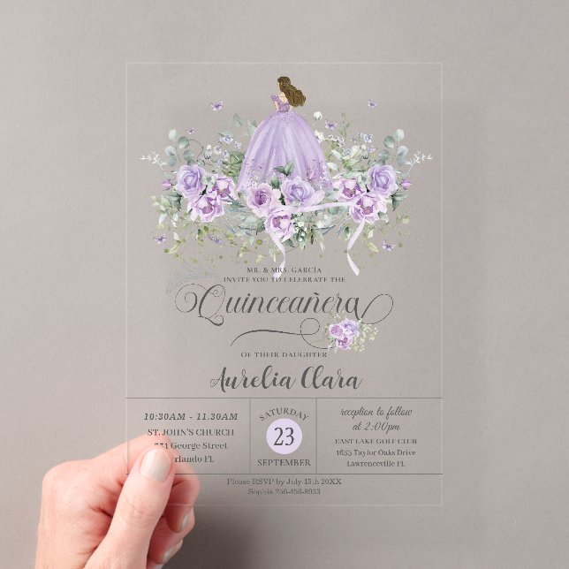Chic Lila Lilac Floral Girl Dress Quinceañera XV Acryleinladungen (Insitu (Handheld))