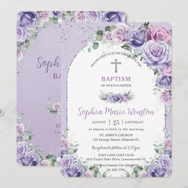 Chic Lila Lilac Floral Rose Silver Baptisk Einladung (Vorne/Hinten)