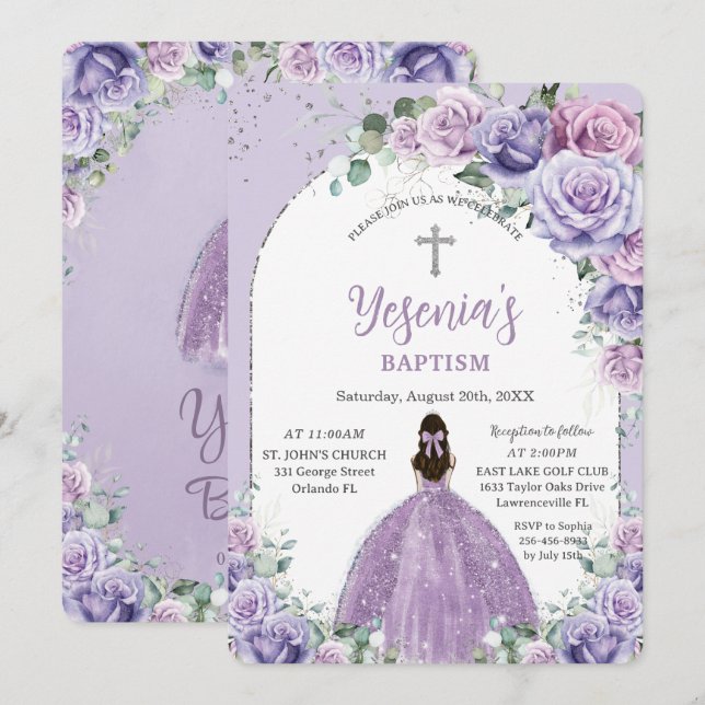 Chic Lila Lilac Floral Silver Arch Taufe Einladung (Vorne/Hinten)