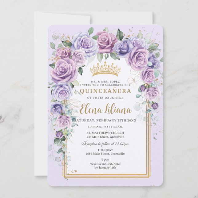 Chic Lila Lilac Lavender Floral Gold Quinceñera Einladung (Vorderseite)