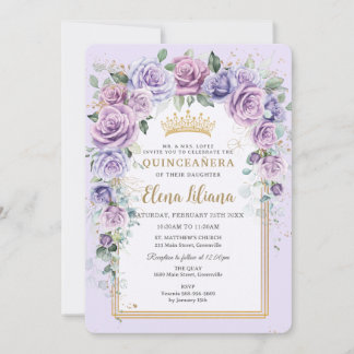 Chic Lila Lilac Lavender Floral Gold Quinceñera Einladung