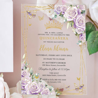 Chic Lila Lilac Rose Floral Gold Quinceañera XV Acryleinladungen