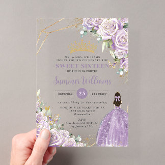 Chic Lila Lilac Rose Floral Prinzessin Sweet 16 Acryleinladungen