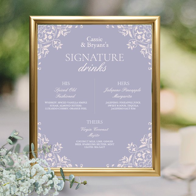 Chic Lila Lilac Wedding Signature Drinks Poster (elegant purple lavender french lilac wedding bar menu signature drinks sign for her him them poster)