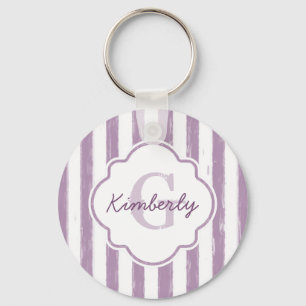 Chic Lila Painted Stripes Monogramm und Name Schlüsselanhänger