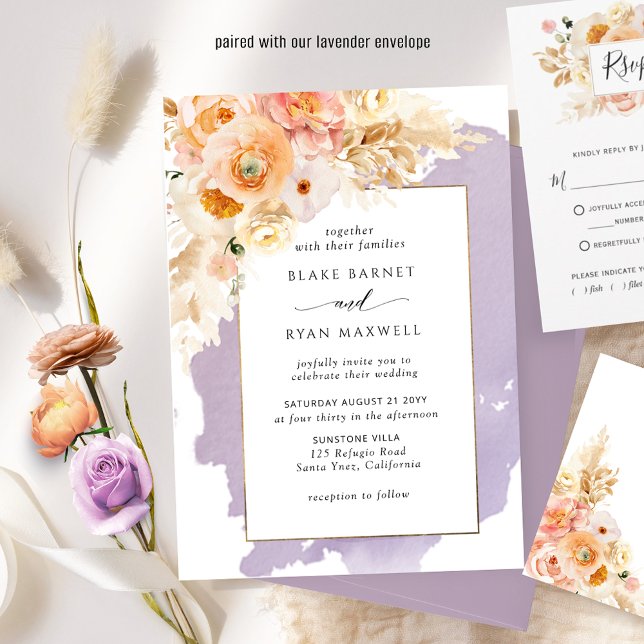 Chic Lila, Peach, Blush and Cream Floral Wedding Einladung (Von Creator hochgeladen)