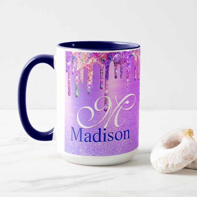 Chic lila pink ombre Glitzer Tropfen Monogramm Not Tasse (Mit Donut)