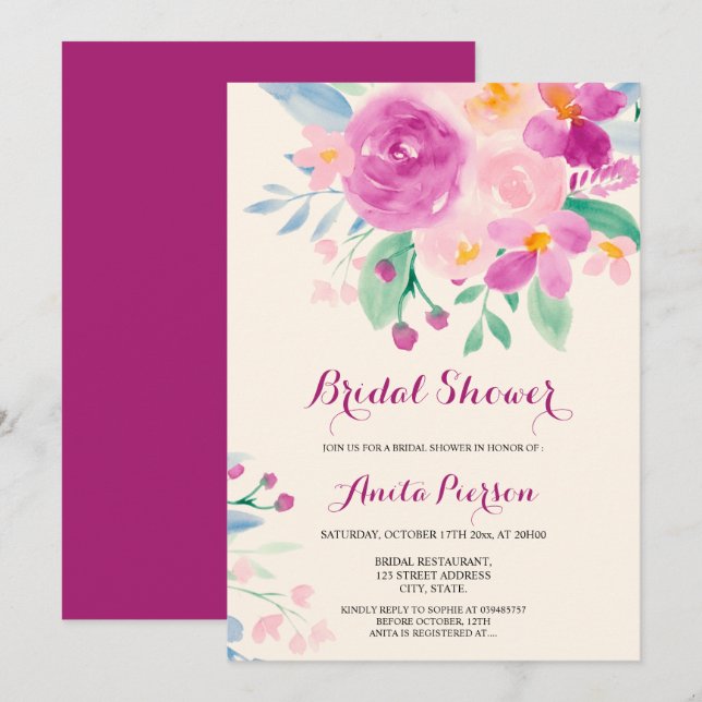 Chic lila rötlich-blumenfarbene Brautparty Einladung (Vorne/Hinten)