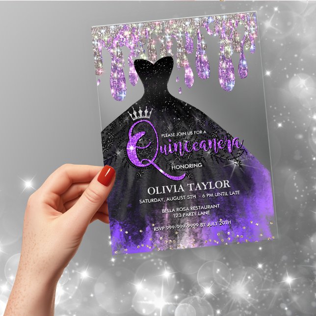 Chic lila schwarze Kristall Tropfen Quinceanera Acryleinladungen (Von Creator hochgeladen)