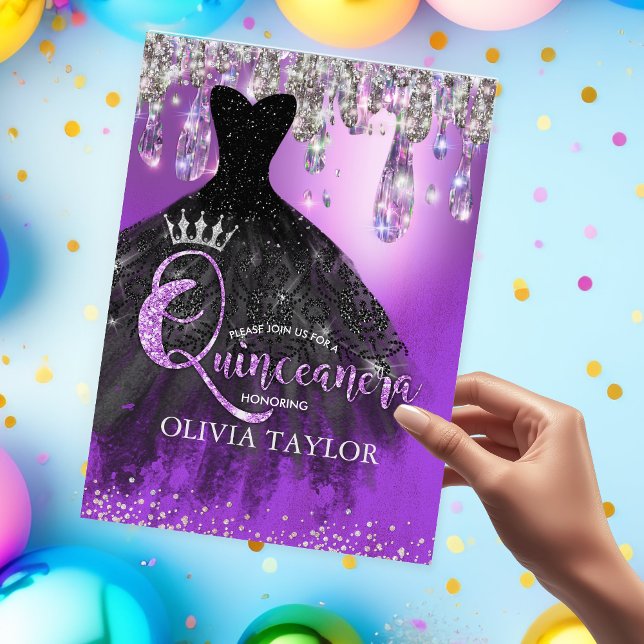 Chic lila silber Glitzer Tropfen Quinceanera Einladung (Von Creator hochgeladen)