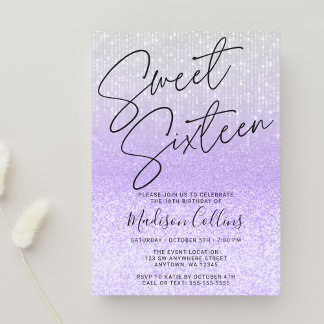 Chic Lila Silver Glitzer Sweet 16 Einladung