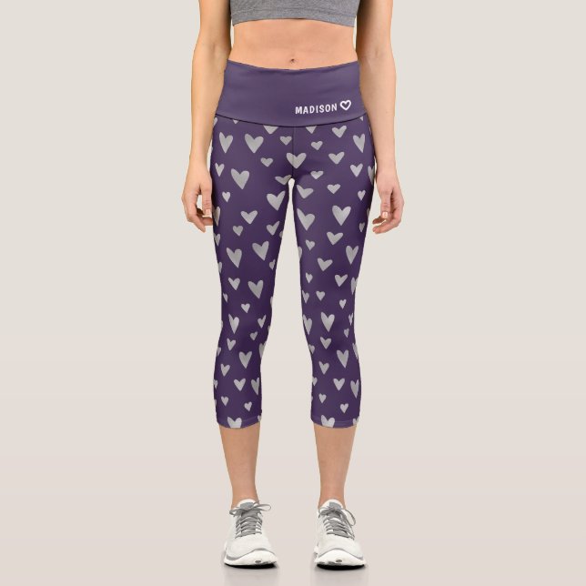Chic Lila Silver Heart Muster Personalisiert Name Capri Leggings (Vorderseite)