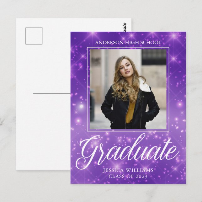 Chic Lila Sparkle Graduate Foto Abschluss Postkarte (Vorne/Hinten)