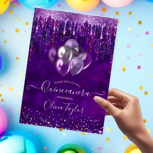 Chic lila Tropfens Glitzer Ballons Quinceanera Einladung (Von Creator hochgeladen)