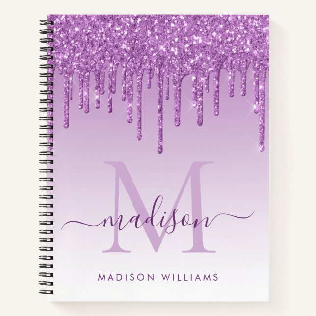 Chic Lila Tropfens Glitzer Sparkle Monogram Script Notizbuch (Vorderseite)