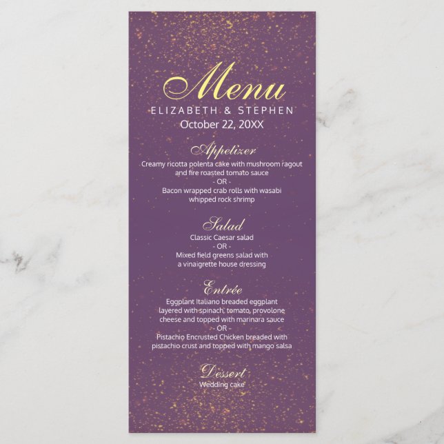 Chic Lila und Gold Glitzer Sparkle Wedding Menü Menükarte (Vorderseite)