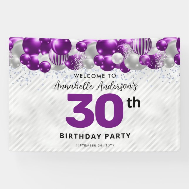 Chic Lila Violet Silver Balloon Glitzer Willkommen Banner (Horizontal)