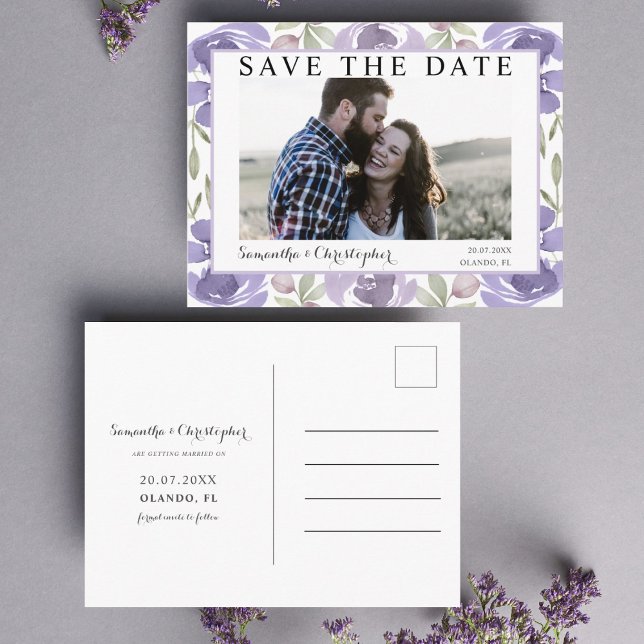 Chic Lila Watercolor Floral Save the Date Postkarte (Von Creator hochgeladen)