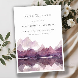 Chic Lila Watercolor Mountain Lake Save the Date Einladung