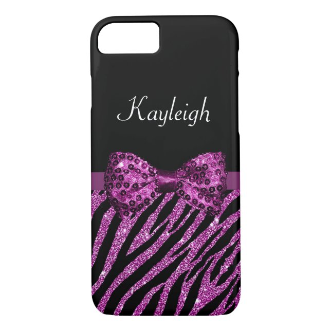 Chic Lila Zebra Print IMITATE Glitz Bow mit Namen Case-Mate iPhone Hülle (Rückseite)