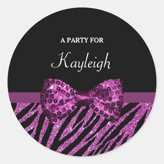 Chic Lila Zebra Print IMITATE Glitz Bow mit Namen Runder Aufkleber (Vorderseite)